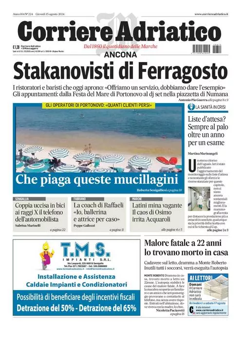 Prima-pagina-corriere adriatico-edizione-di-oggi-15-08-2024